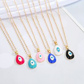 Colorful Water Drop Necklace with Devil Eye Pendant - Fashionable and Simple Collarbone Chain for Women