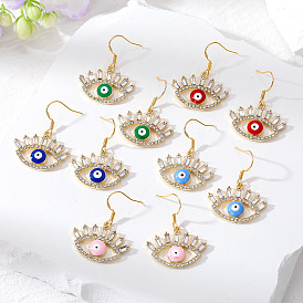 Vintage Turkish Evil Eye Earrings with Diamonds, Oil Drops and Hollowed-out Eyelashes for Women