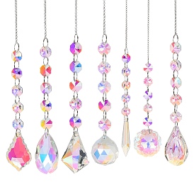 Quartz Crystal Pendant Decorations, with Iron Chains, Mixed Shape