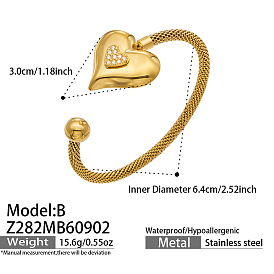 304 Stainless Steel Micro Pave Clear Cubic Zirconia Cuff Bangles, Heart