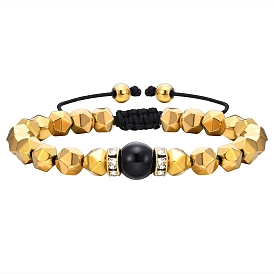 Adjustable Faceted Non-magnetic Synthetic Hematite and Round Agate Braided Bracelet for Men