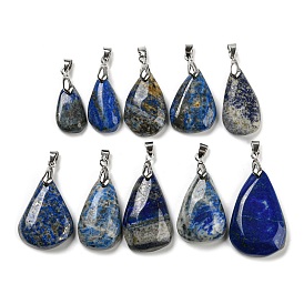 Natural Lapis Lazuli Pendants, Teardrop Charms with Platinum Plated Brass Pinch Bails