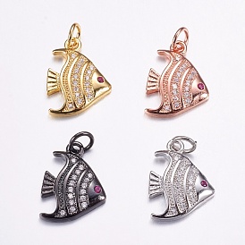 Brass Micro Pave Cubic Zirconia Pendants, Long-Lasting Plated, Fish