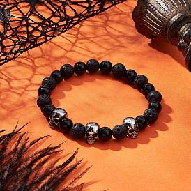 Браслеты из круглых бусин из натуральной лавы и черного оникса, череп 304 бусины из нержавеющей стали для мужчин