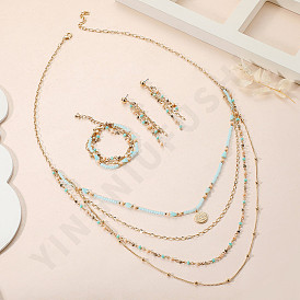 Bohemian Crystal Alloy Multilayer Bracelet Necklace Tassel Earrings Set