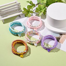 3Pcs 3 Style Natural Gemstone & Acrylic Word Love Beaded Stretch Bracelets Set with Alloy Enamel Heart Charms, Polymer Clay Heishi Surfer Preppy Bracelets for Women