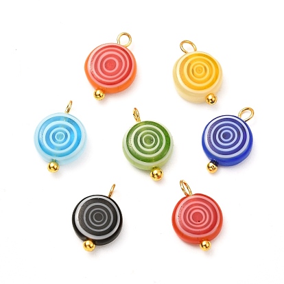 Lampwork Pendants, with Handmade Millefiori Glass Charms and Brass Pins, Flat Round with Lollipop Pattern