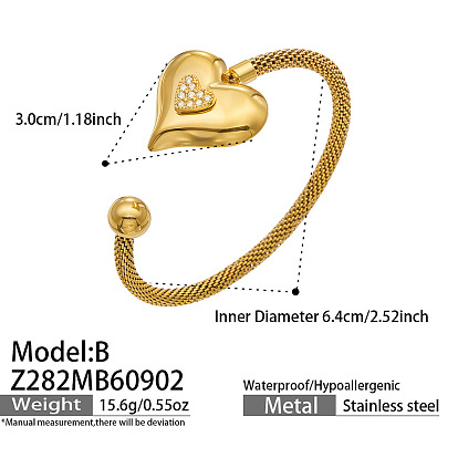 304 Stainless Steel Micro Pave Clear Cubic Zirconia Cuff Bangles, Heart