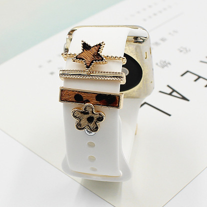 Star Alloy Faux Fur Watch Band Charms Set, Watch Band Decorative Ring Loops, with Flower Watch Band Studs