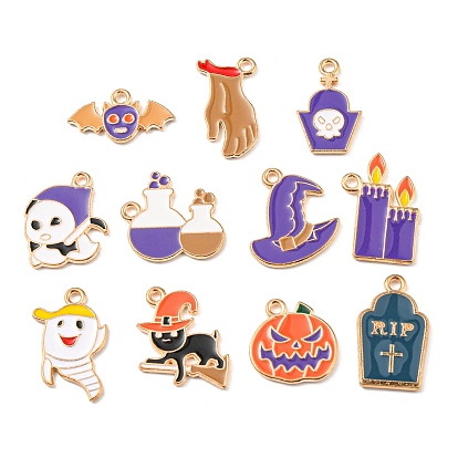 Alloy Enamel Pendants, Halloween Theme, Light Gold, Candle/Tombstone/Ghost/Pumpkin/Cat/Hat/Bat Charm