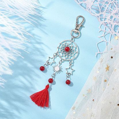 Подвеска из натурального и окрашенного малайзийского нефрита и сплава, поворотные застежки и подвески-кисточки из поликоттона для украшений сумок, плоский круг/паутина со звездой и солнцем