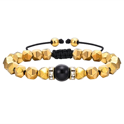Регулируемый граненый немагнитный браслет из синтетического гематита и круглого агата для мужчин