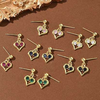 Серьги-гвоздики в форме сердца из латуни с микропаве из кубического циркония ко Дню святого Валентина, без кадмия и без свинца, долговечный, стойки покрытие, реальный 18 k позолоченный