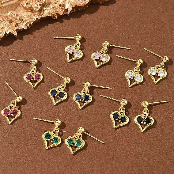 Серьги-гвоздики в форме сердца из латуни с микропаве из кубического циркония ко Дню святого Валентина, без кадмия и без свинца, долговечный, стойки покрытие, реальный 18 k позолоченный