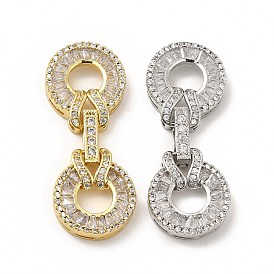 Rack Plating Brass Pave Clear Cubic Zirconia Fold Over Clasps, Cadmium Free & Lead Free, Flat Round