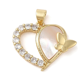 Brass & Shell & Clear Cubic Zirconia Pendants, Heart with Butterfly