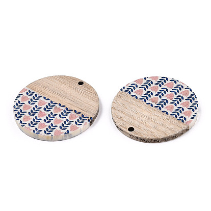 Printed Resin & Wood Pendants, Flat Round Charm with Flower Pattern
