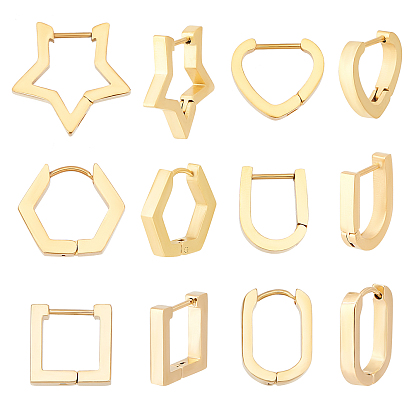 6 Paare 6 Stil 304 Creolen aus Edelstahl, Oval & Sechseck & Quadrat & Stern & Herz