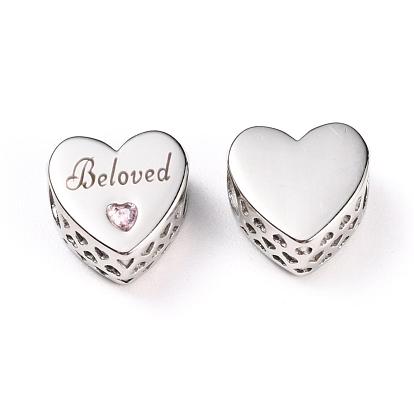 304 Stainless Steel European Beads, Large Hole Beads, with Rhinestone, Heart with Word Beloved, For Valentine's Day