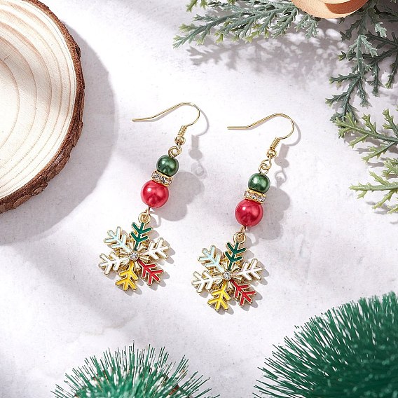 Серьги-подвески из эмалевого сплава с рождественскими снежинками, со стеклянной имитацией жемчуга, золотые