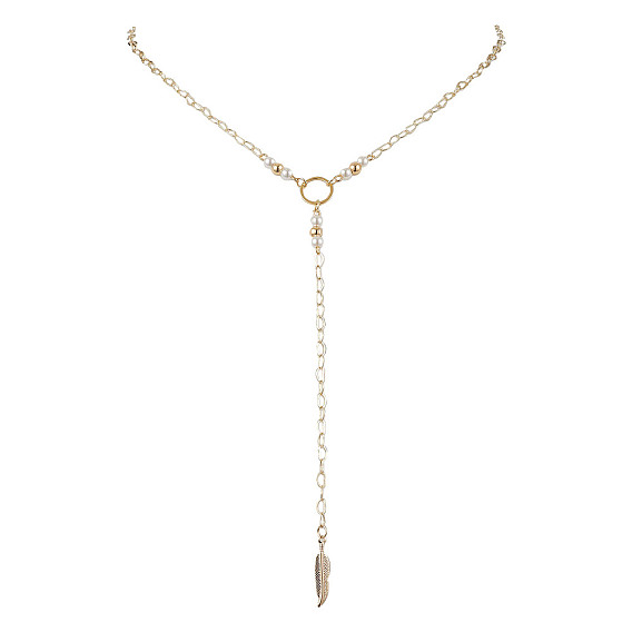 Cadena de latón lariat collares, con cuentas de plástico, collares con colgante de plumas
