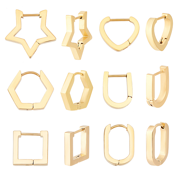 6 paires 6 style 304 boucles d'oreilles créoles en acier inoxydable, ovale et hexagone et carré et étoile et coeur