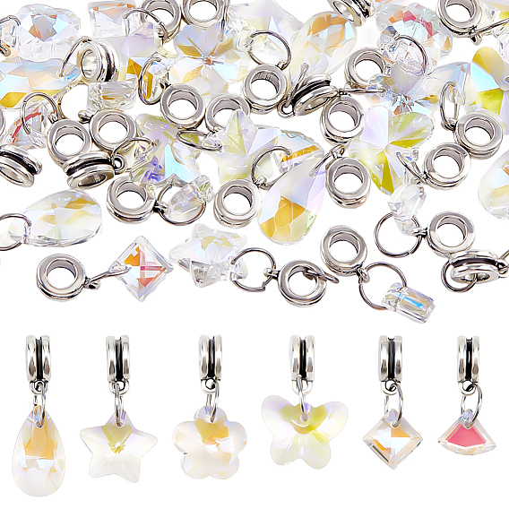 30шт 6 стили стеклянные европейские подвески-шармы, подвески с большими отверстиями и дужками из сплава, античное серебро, разнообразные