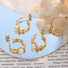 Chic French Style Pearl Earrings for Women - Elegant and Minimalistic C-Shaped Design (F066)