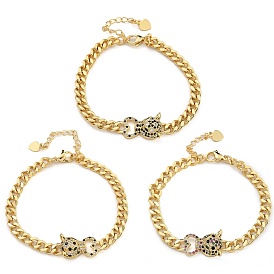 Brass Micro Pave Cubic Zirconia Bracelets, Real 18K Gold Plated, Leopard