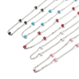 304 Stainless Steel Cable Chain Necklaces, with Enamel Beads, Stainless Steel Color