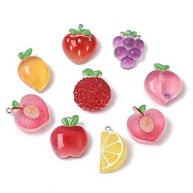 Fruit Theme Transparent Resin Pendants, Mixed Shapes Charms, with Platinum Iron Loop