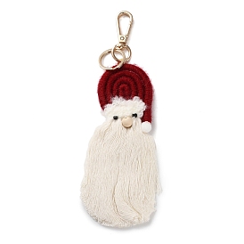 Christmas Theme Macrame Weaving Santa Claus Tassel Cotton Thread Keychain, with Alloy Clasp