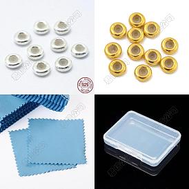 12pcs 2 couleurs 925 perles en argent sterling, avec chiffon de polissage carré en caoutchouc et en daim pour argent, perles de curseur, rondelle