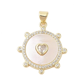 Brass Micro Pave Clear Cubic Zirconia Pendant, with Shell, Sun with Heart