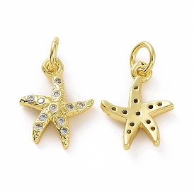 Brass Micro Pave Cubic Zirconia Charms, Real 18K Gold Plated, with Jump Ring, Starfish