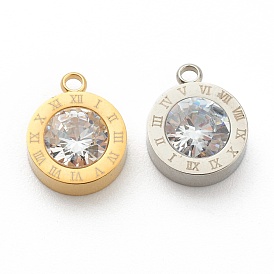 304 Stainless Steel Rhinestone Charms, Flat Round with Roman Numerals