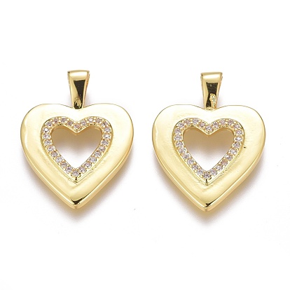 Brass Micro Pave Clear Cubic Zirconia Pendants, Long-Lasting Plated, Real 18K Gold Plated, Heart