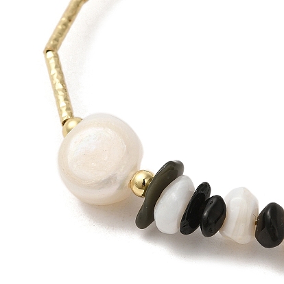 Natural Pearl & Shell & Obsidian Chips Beaded Bracelets, with Brass Clasps