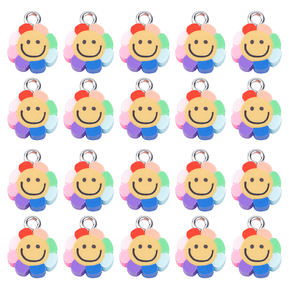 120Pcs Handmade Polymer Clay Charms, with Platinum Tone Iron Findings, Flower with Smile