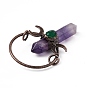 Natural Amethyst Double Terminal Pointed Big Pendants, Faceted Hexagonal Bullet Charms, with Rack Plating Red Copper Tone Brass Findings, Cadmium Free & Lead Free