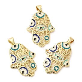 Brass Pave Cubic Zirconia  Pendants, with Enamel and Jump Ring, Long-Lasting Plated, Lead Free & Cadmium Free, Hamsa Hand