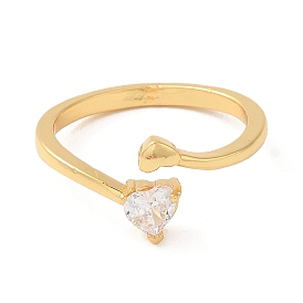 Rack Plating Brass Heart Open Cuff Ring with Clear Cubic Zirconia