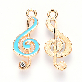 Alloy Enamel Pendants, with Crystal Rhinestone, Musical Note, Light Gold