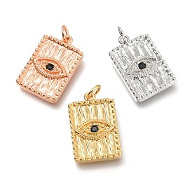 Brass Micro Pave Black Cubic Zirconia Pendants, Long-Lasting Plated, with Jump Ring, Rectangle with Eye