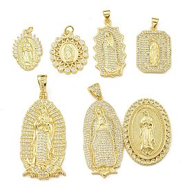 Virgin Mary Theme Rack Plating Brass Micro Pave Clear Cubic Zirconia Pendants, Long-Lasting Plated, Lead Free & Cadmium Free, Real 18K Gold Plated, Oval