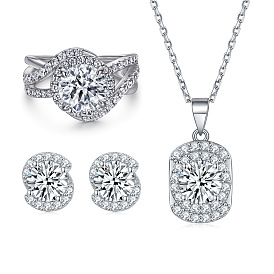 925 Sterling Silver Jewelry Set with Twisted Arm Ring, Stud Earrings and Necklace - Round Zirconia Stones for a Sophisticated Look
