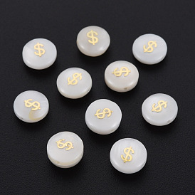 Natural Freshwater Shell Beads, with Plated Brass Metal Embellishments, Flat Round with Mark $