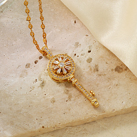 Fashionable Brass Inlaid Zircon Rotating Key Pendant Necklaces