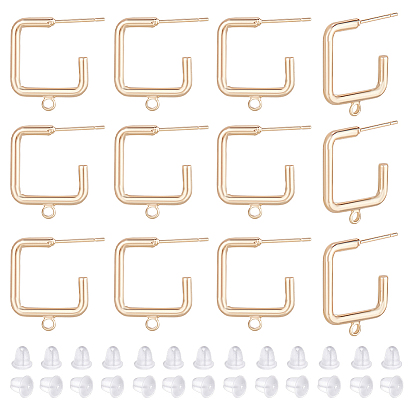 16шт. латунные квадратные серьги-гвоздики, серьги полукольца с горизонтальными петлями, без никеля , с 40 пластиковыми ушными гайками