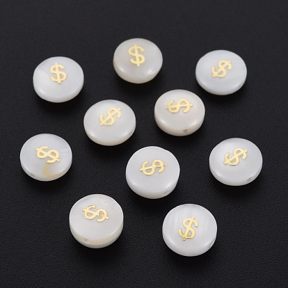 Natural Freshwater Shell Beads, with Plated Brass Metal Embellishments, Flat Round with Mark $